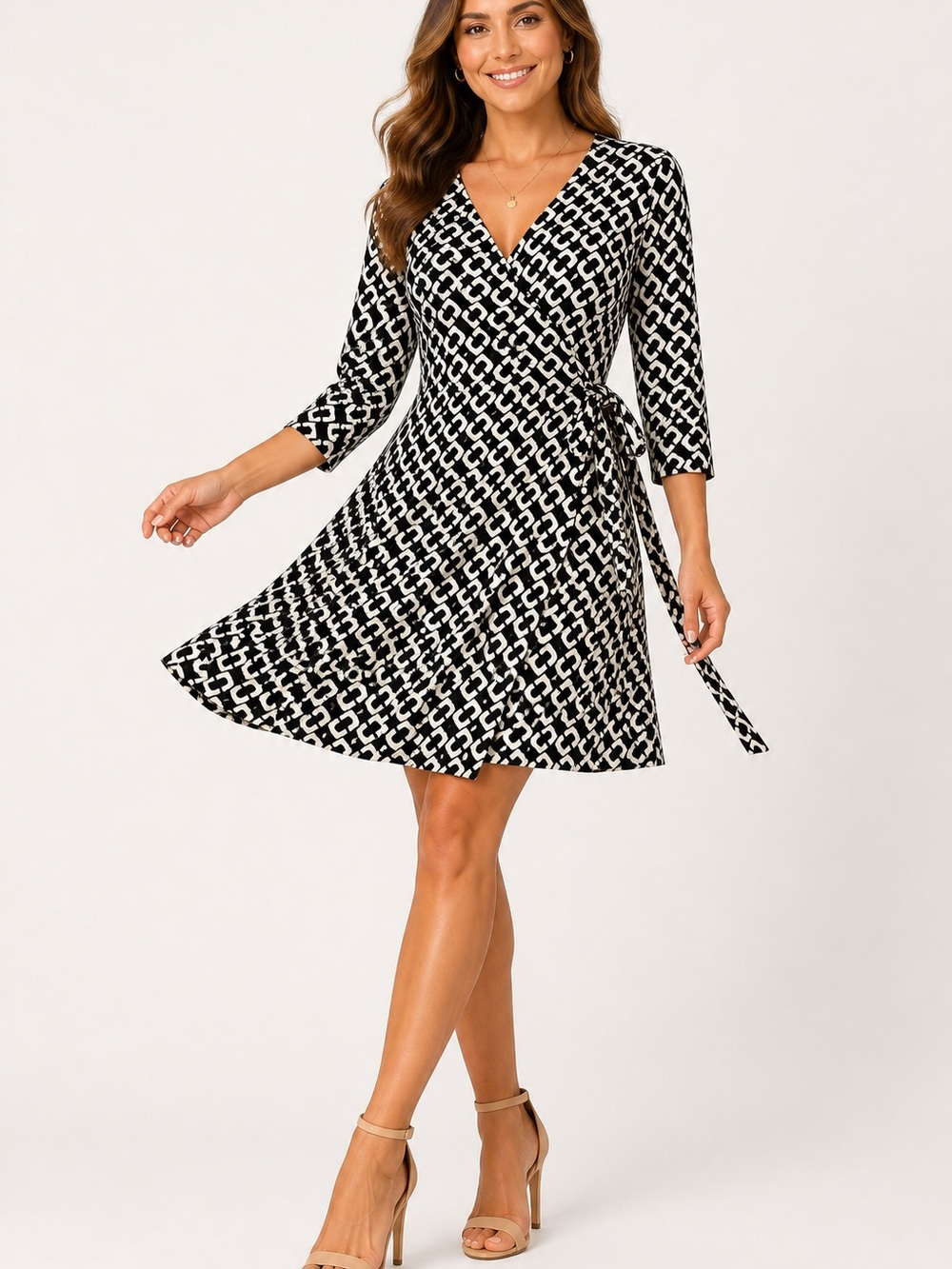 Diane Von Furstenberg Black & White Geometric Wrap Midi Dress